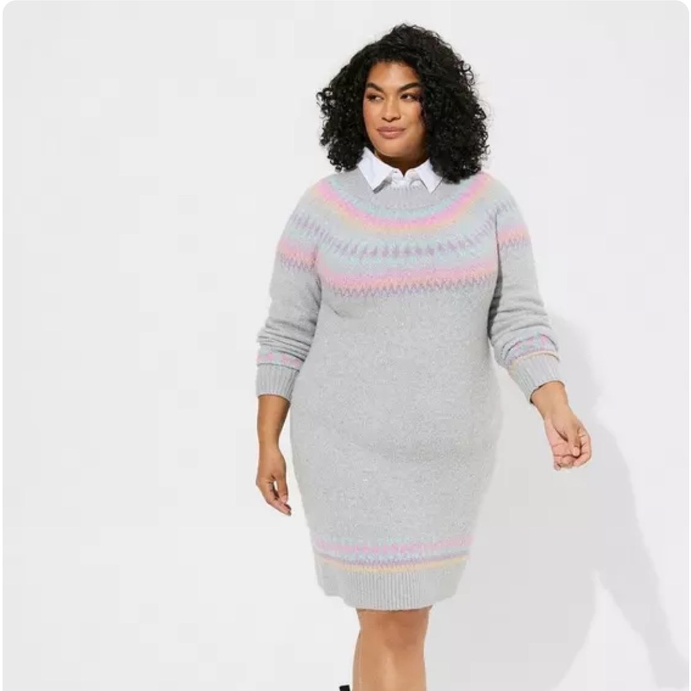 torrid Mini Vegan Cashmere Mock Neck Sweater Pastel Fair Isle Grey Size 1X